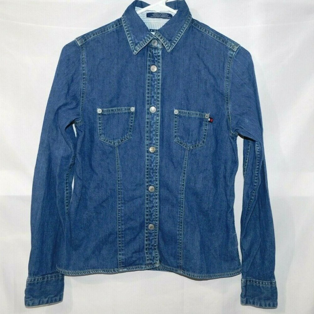 VTG 90s Tommy Hilfiger Denim Jean Long Sleeve Front Snap Shirt retro Womens S
